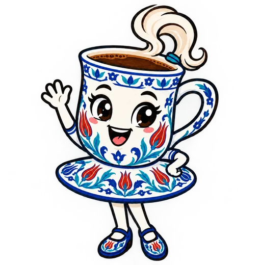 Fincan, a cheerful Turkish coffee cup in İznik tile colours, waving hello